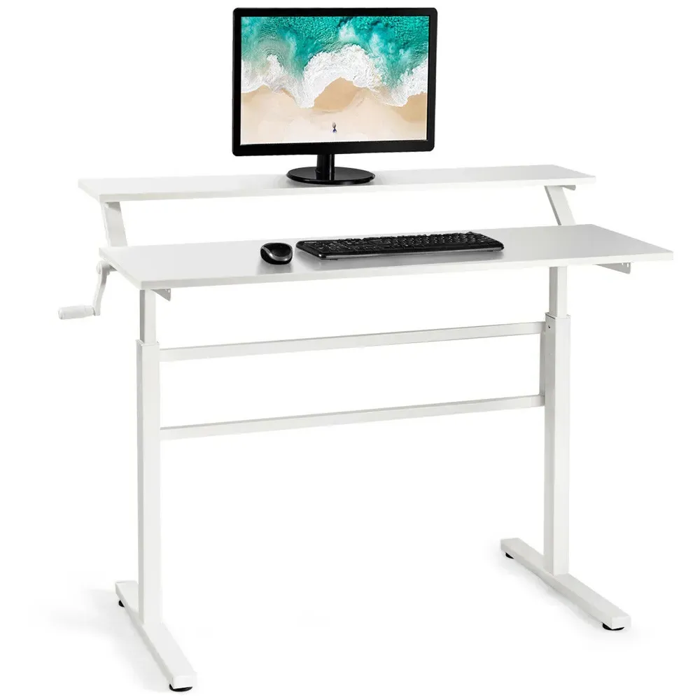 2 Tier Height Adjustable Standing Desk with Crank - White