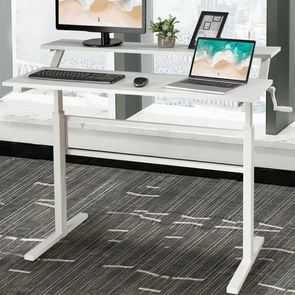 2 Tier Height Adjustable Standing Desk with Crank - White image
