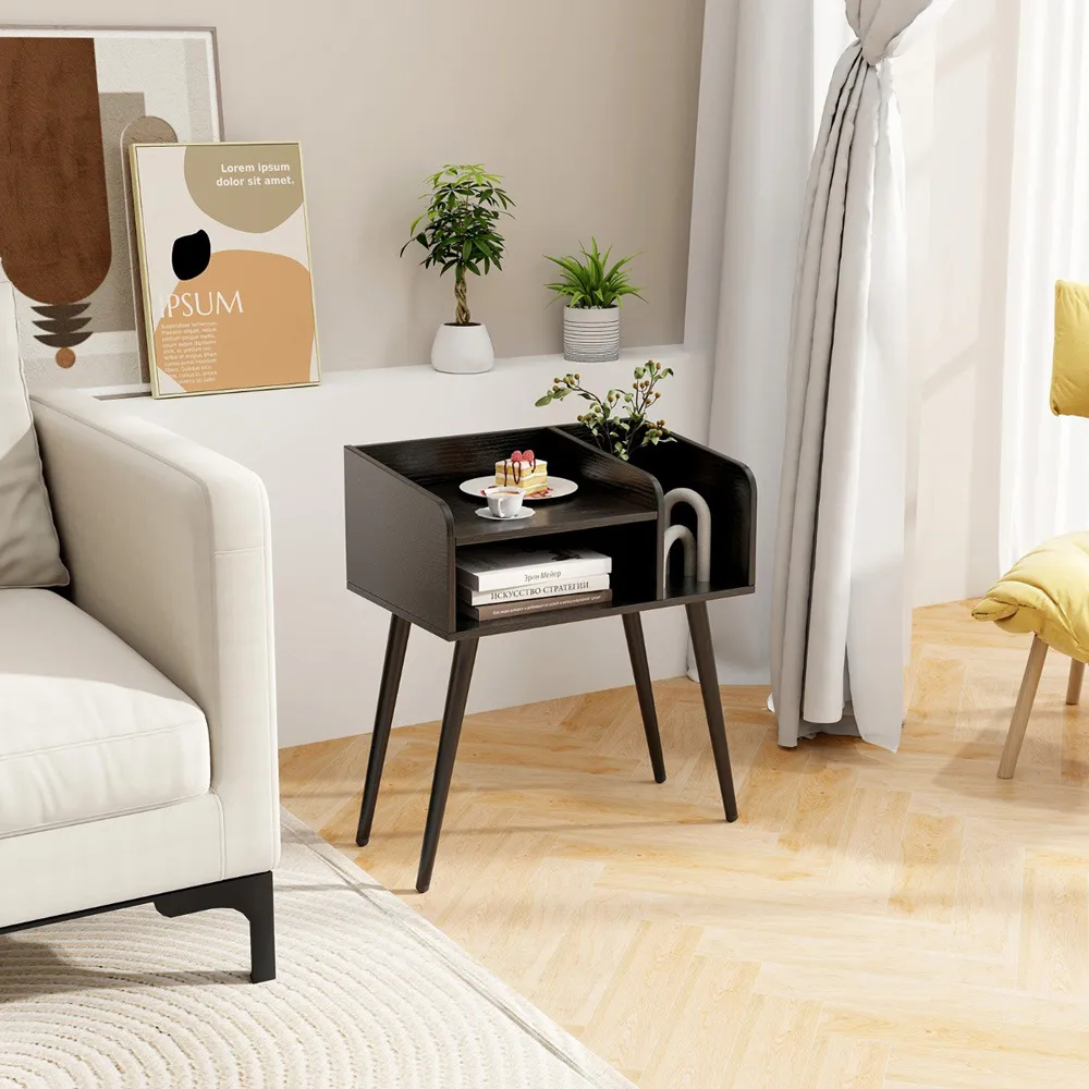 2 Tier Nightstand with Open Shelves - Black