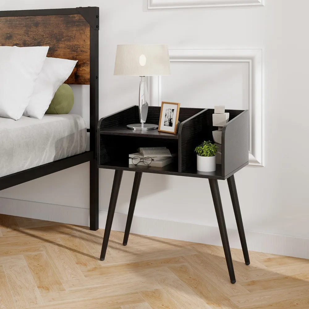 2 Tier Nightstand with Open Shelves - Black