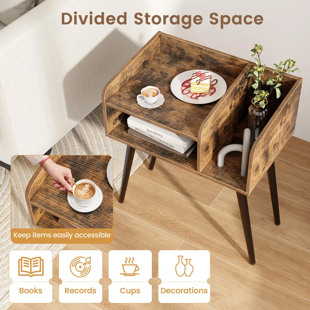 2 Tier Nightstand with Open Shelves - Rustic Brown