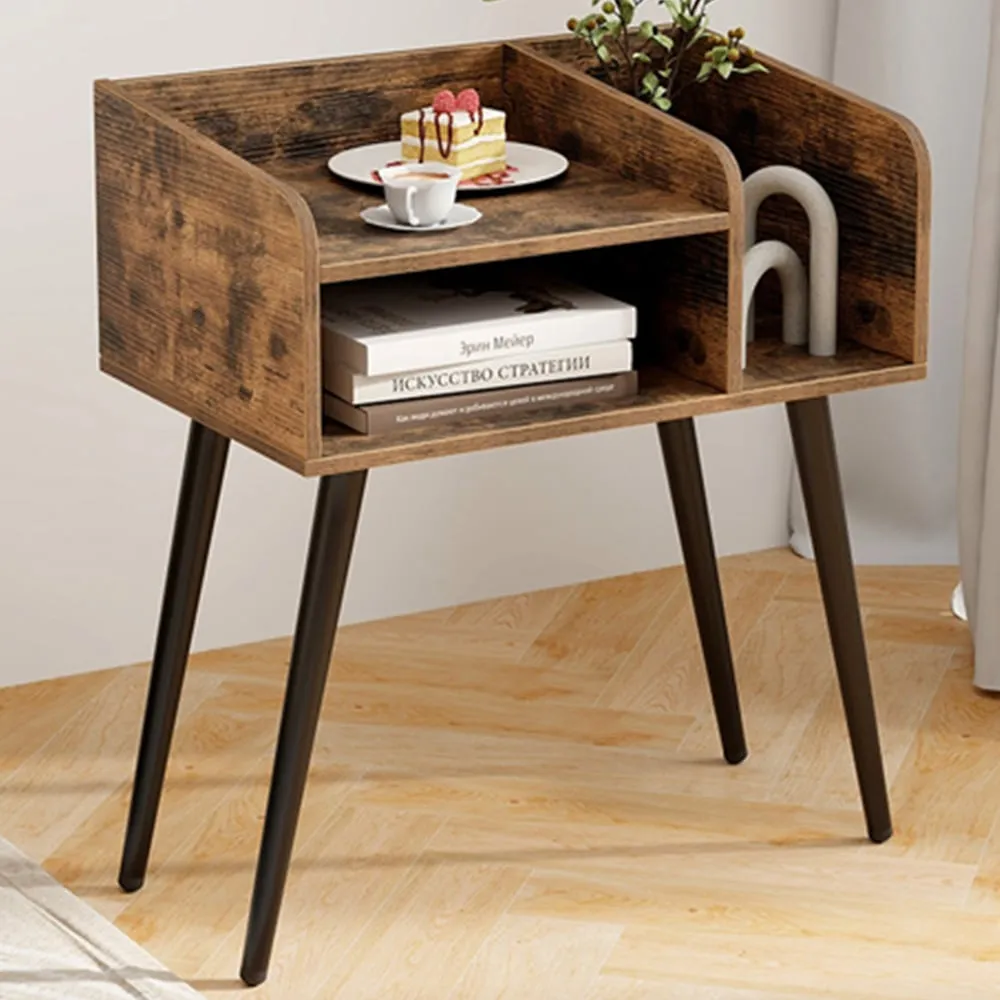 2 Tier Nightstand with Open Shelves - Rustic Brown