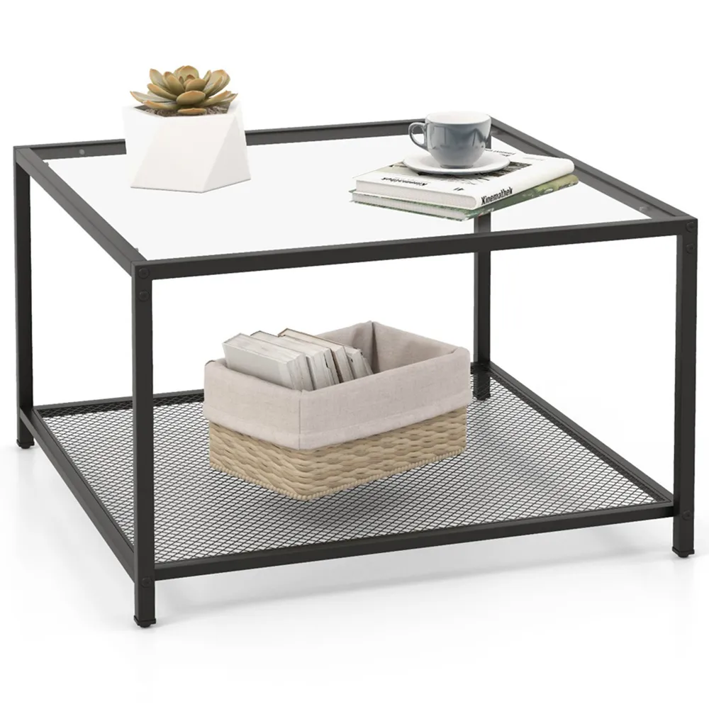 2 Tier Square Glass Coffee Table - Black