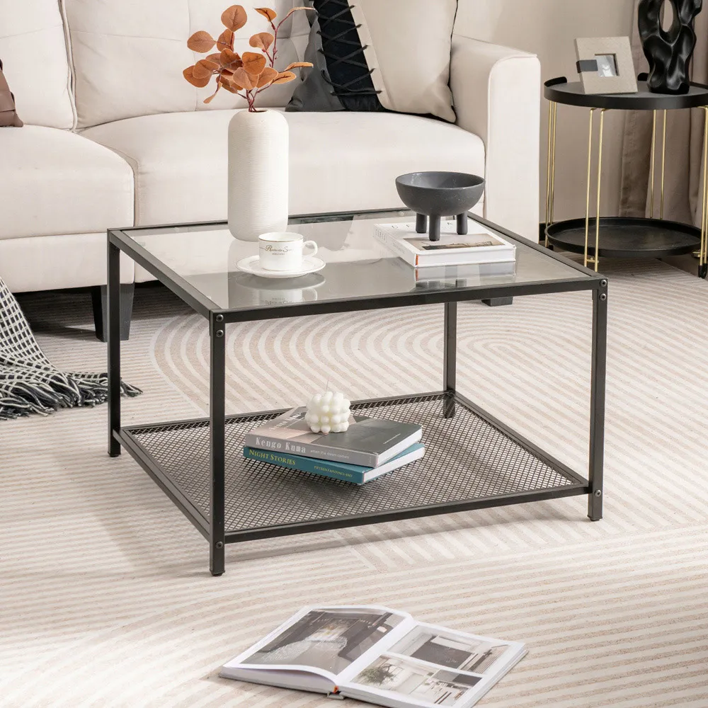 2 Tier Square Glass Coffee Table - Black