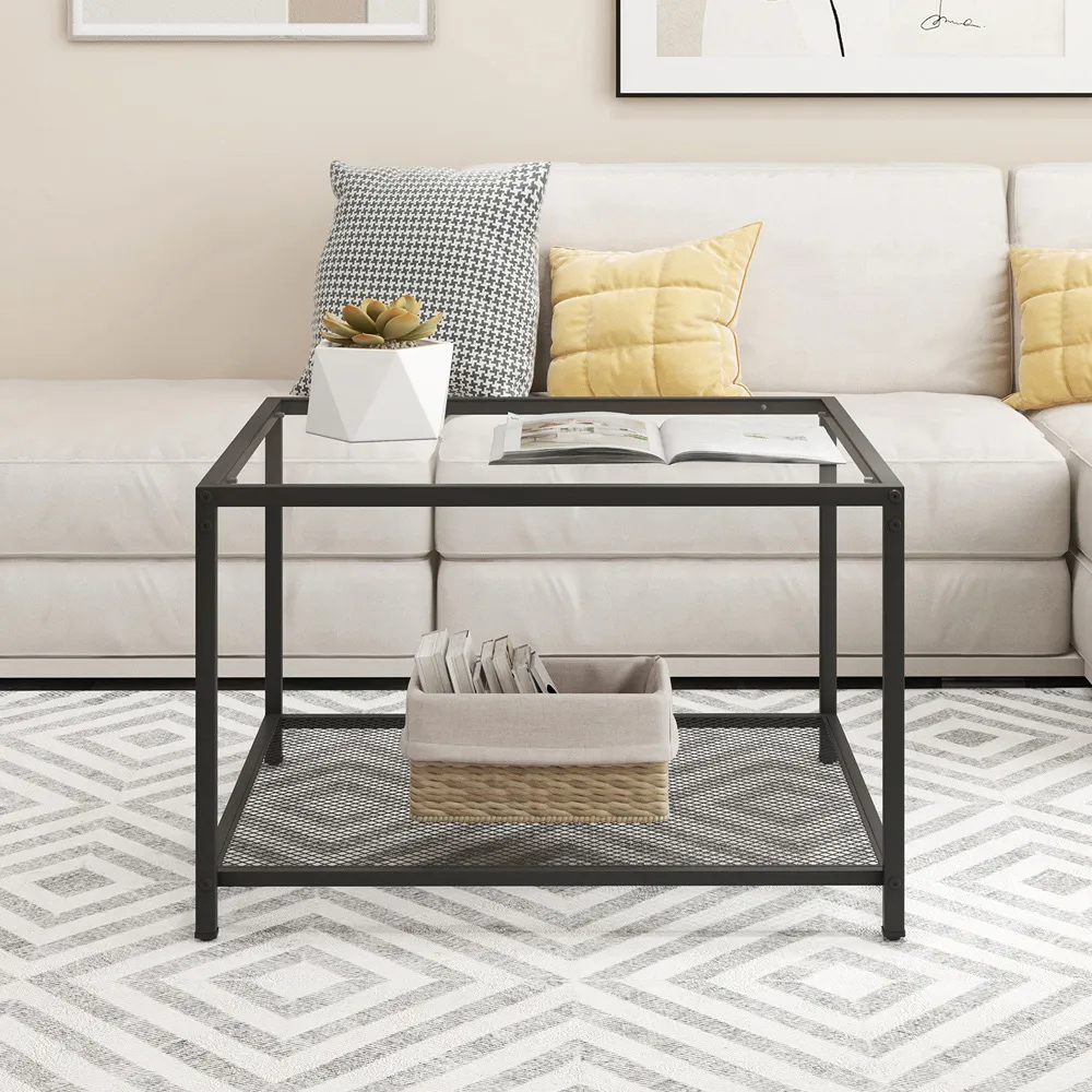 2 Tier Square Glass Coffee Table - Black