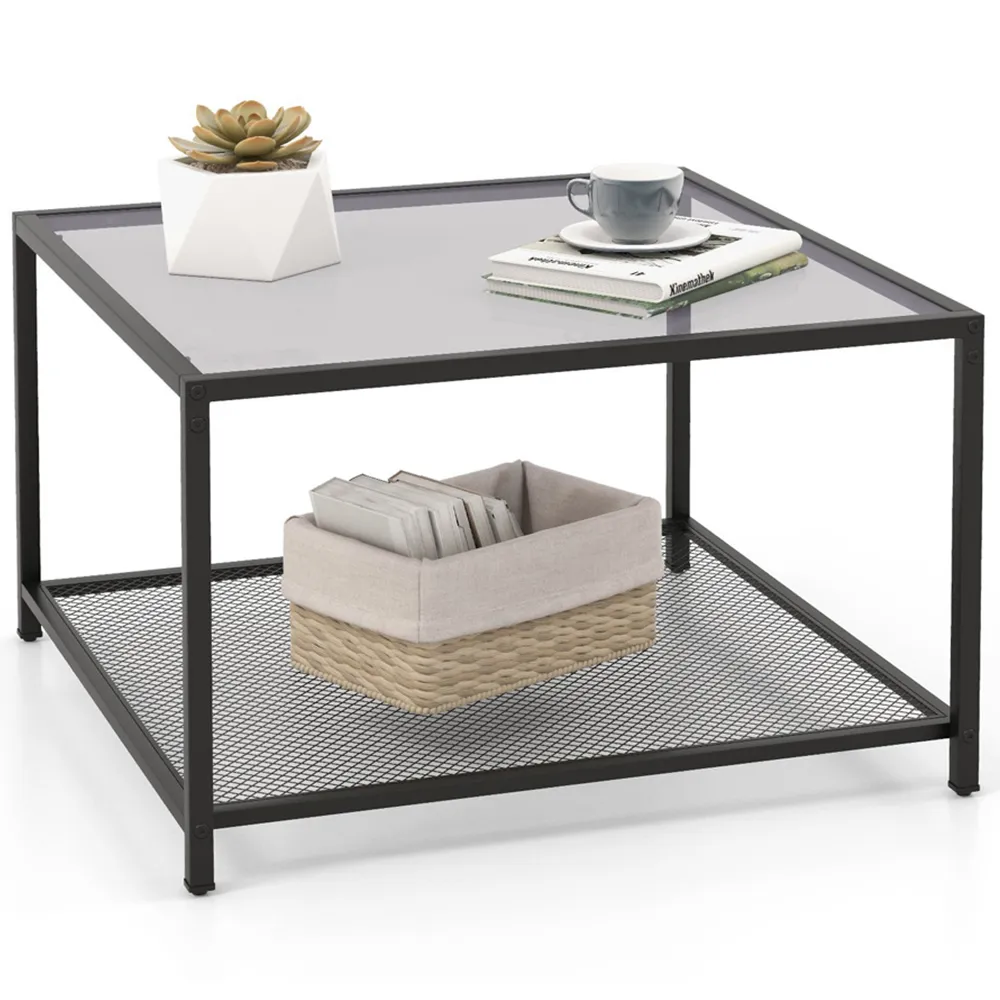 2 Tier Square Glass Coffee Table - Grey