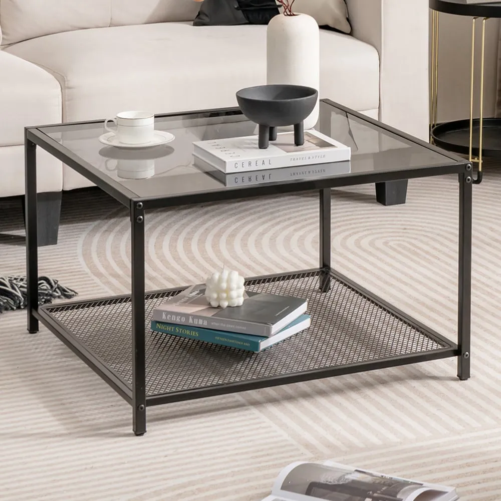 2 Tier Square Glass Coffee Table - Grey