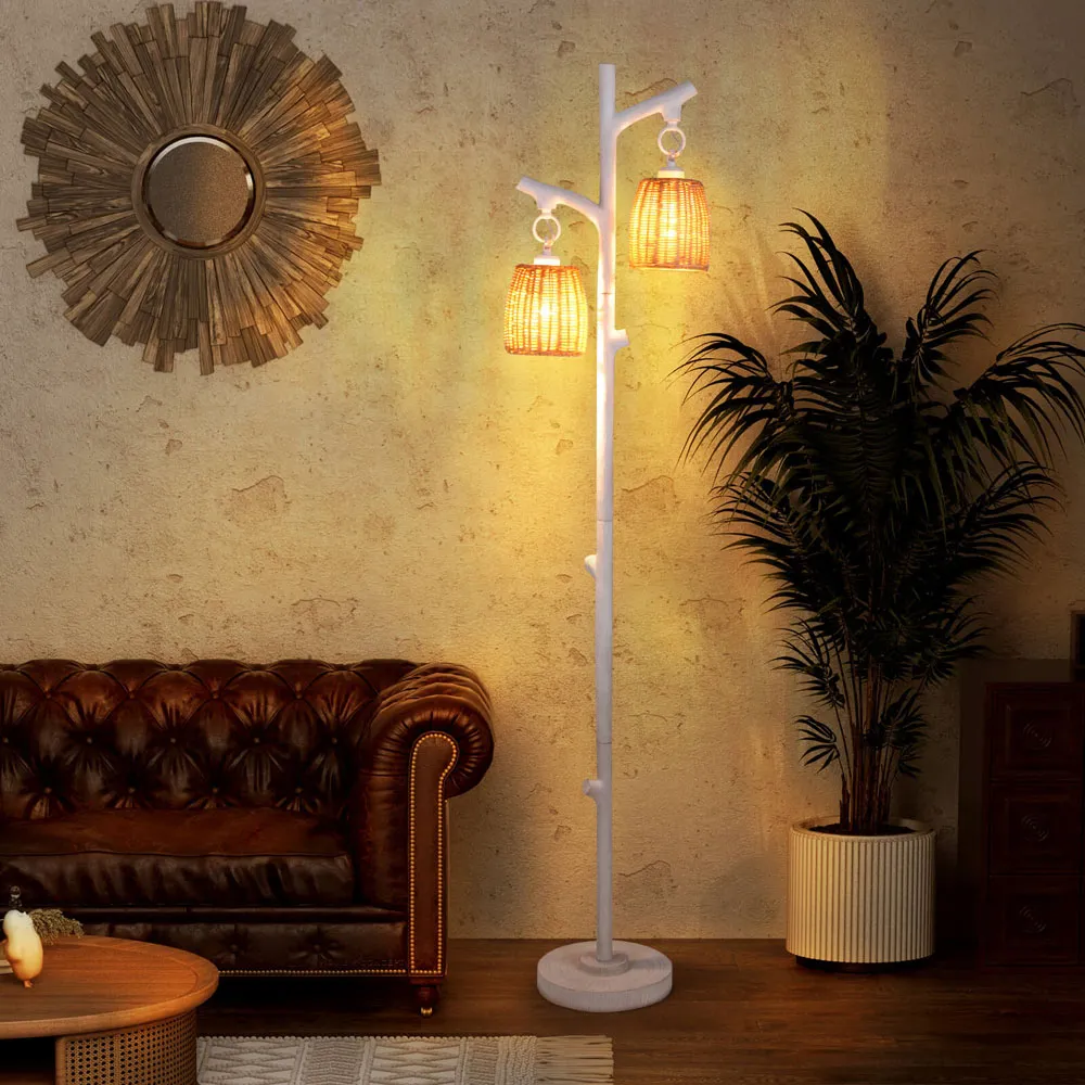 2 Way Rattan Dimmable Farmhouse Floor Lamp - White