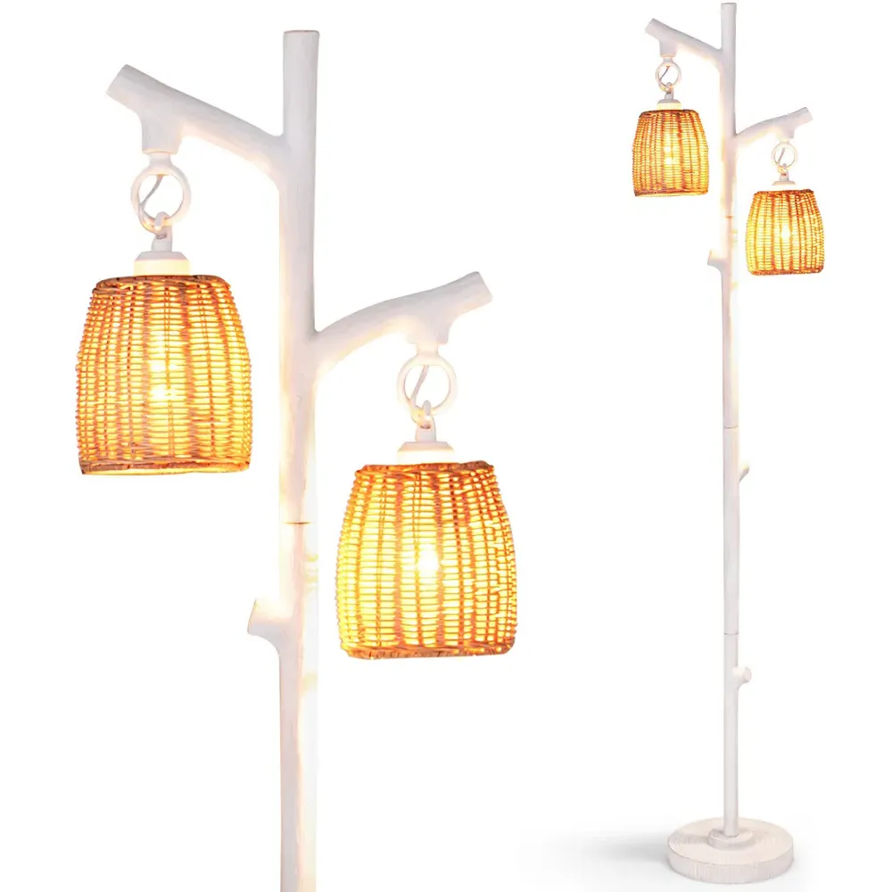 2 Way Rattan Dimmable Farmhouse Floor Lamp - White