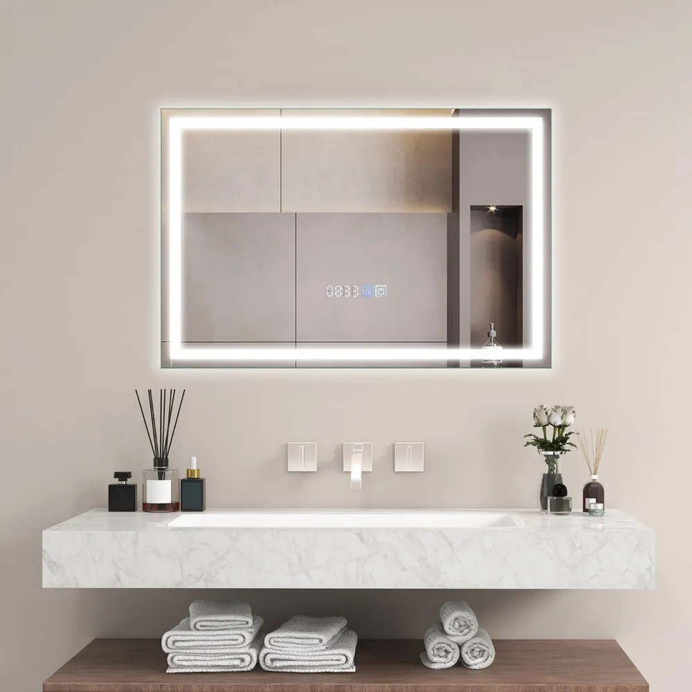 3 Colour LED Bathroom Wall Mirror with Display - Silver