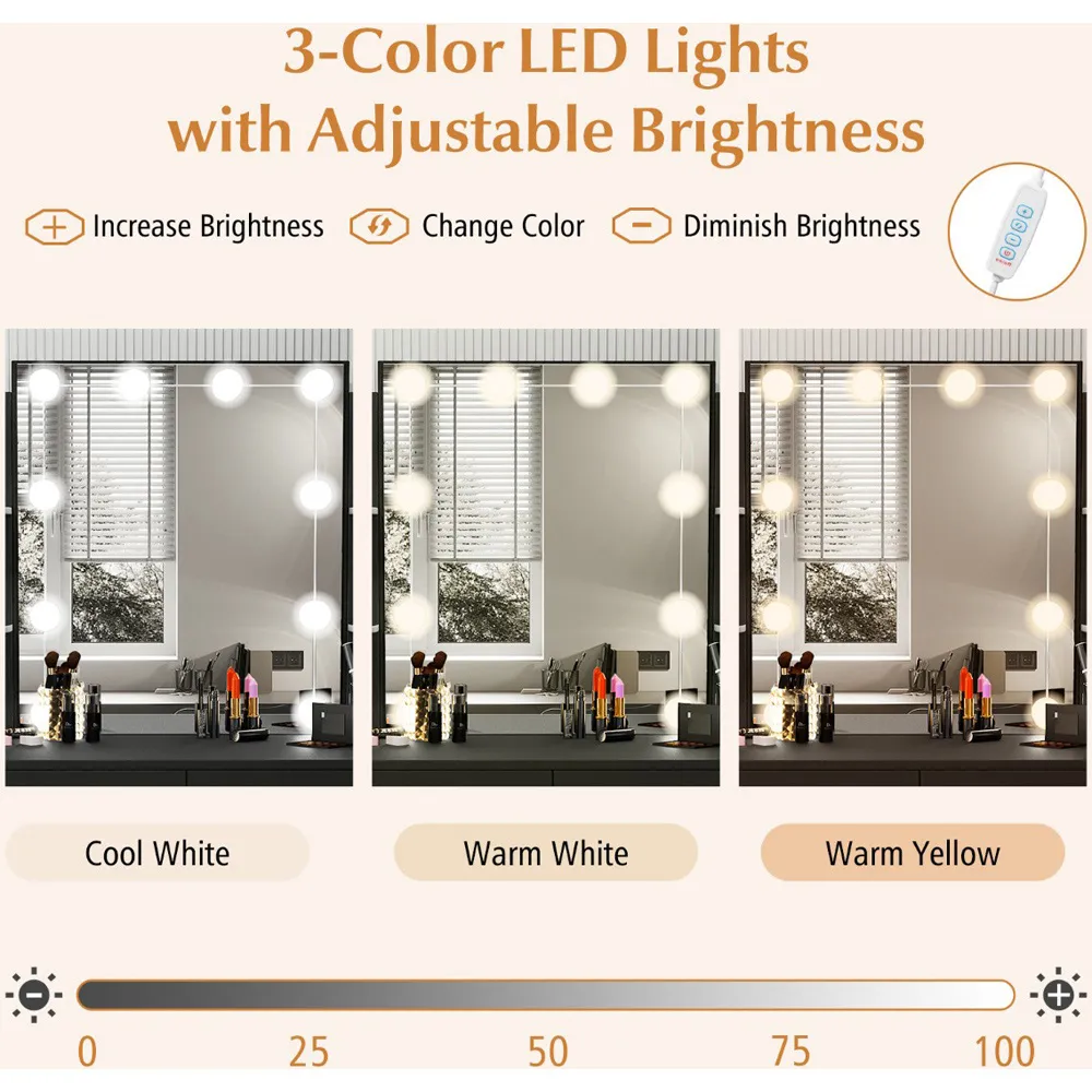 3 Colour Lighting Vanity Set with Storage - Black