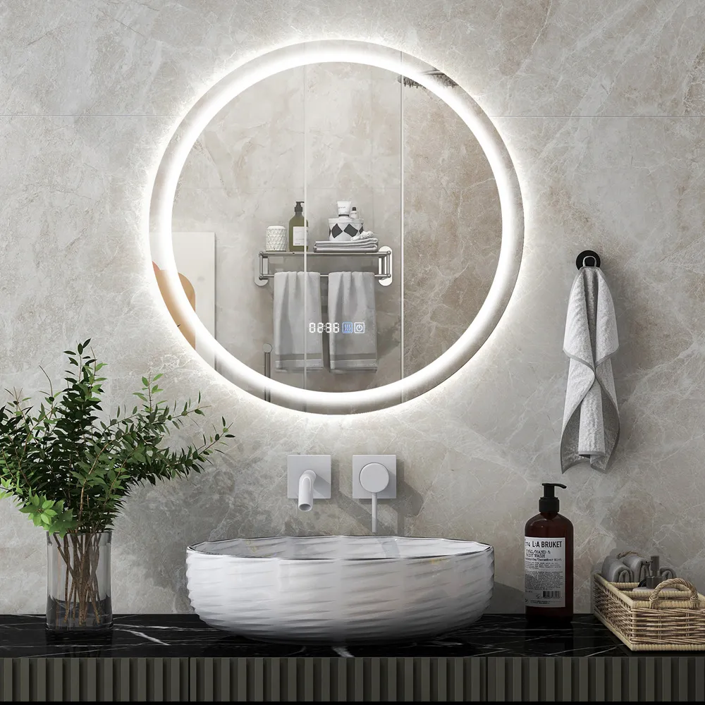 3 Colour Round LED Bathroom Wall Mirror with Display - Silver
