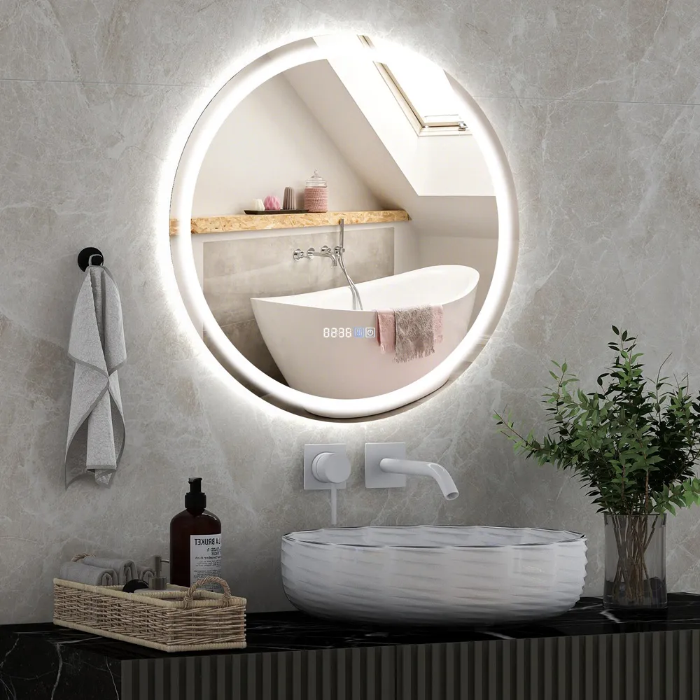 3 Colour Round LED Bathroom Wall Mirror with Display - Silver