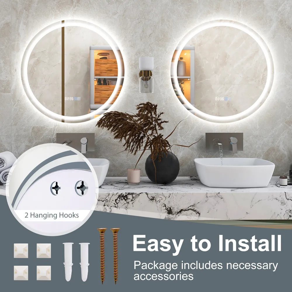 3 Colour Round LED Bathroom Wall Mirror with Display - Silver