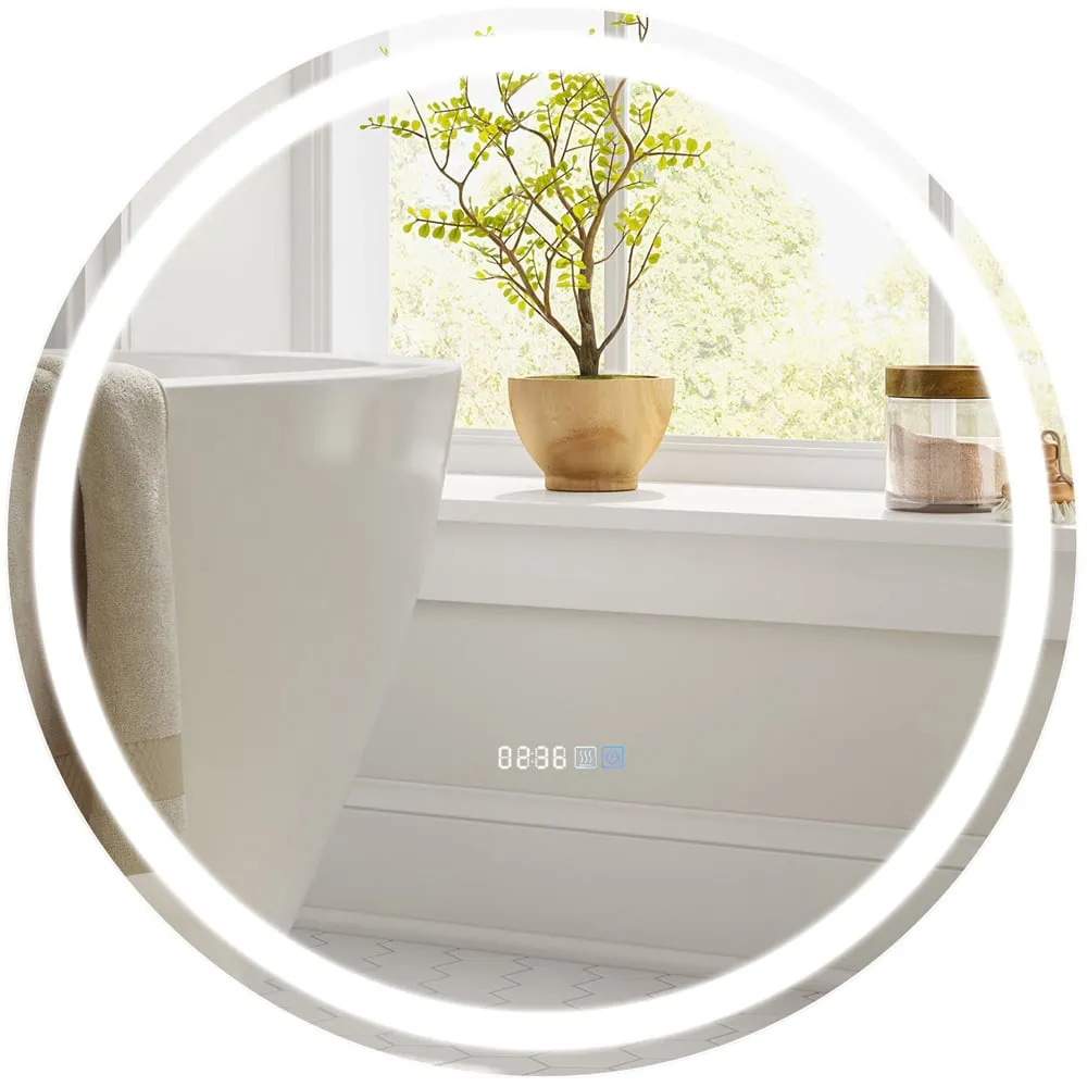 3 Colour Round LED Bathroom Wall Mirror with Display - Silver