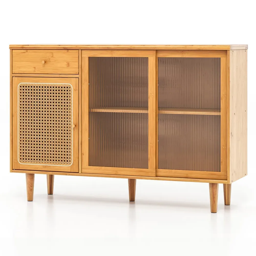 3 Door Storage Cabinet with Drawer - Cream, Bamboo