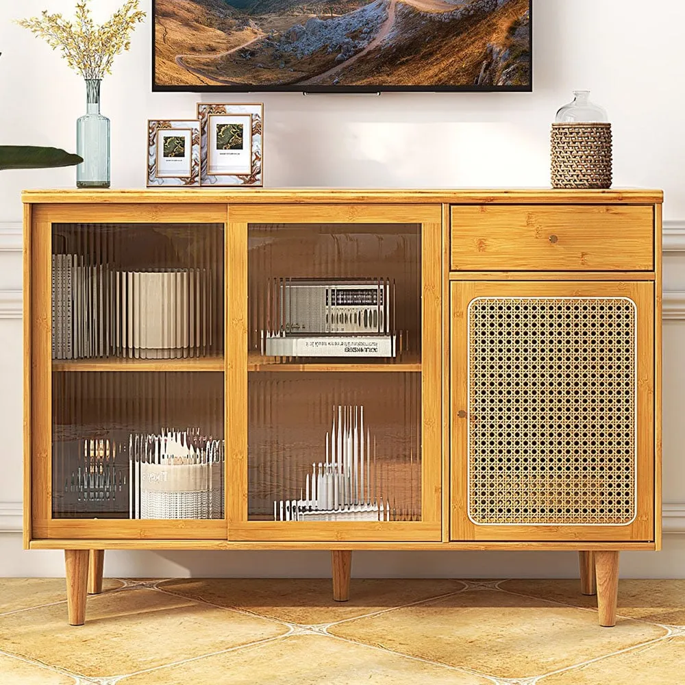 3 Door Storage Cabinet with Drawer - Cream, Bamboo