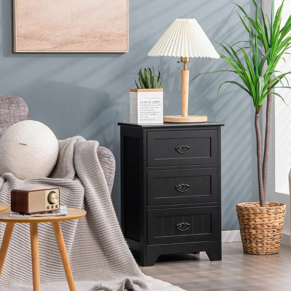 3 Drawer Bedside Table - Black