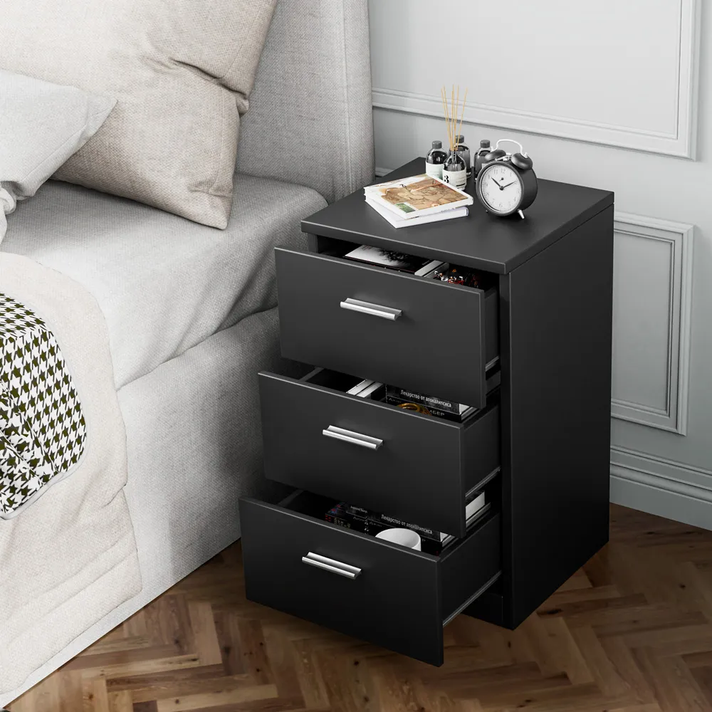 3 Drawer Bedside Table - Black