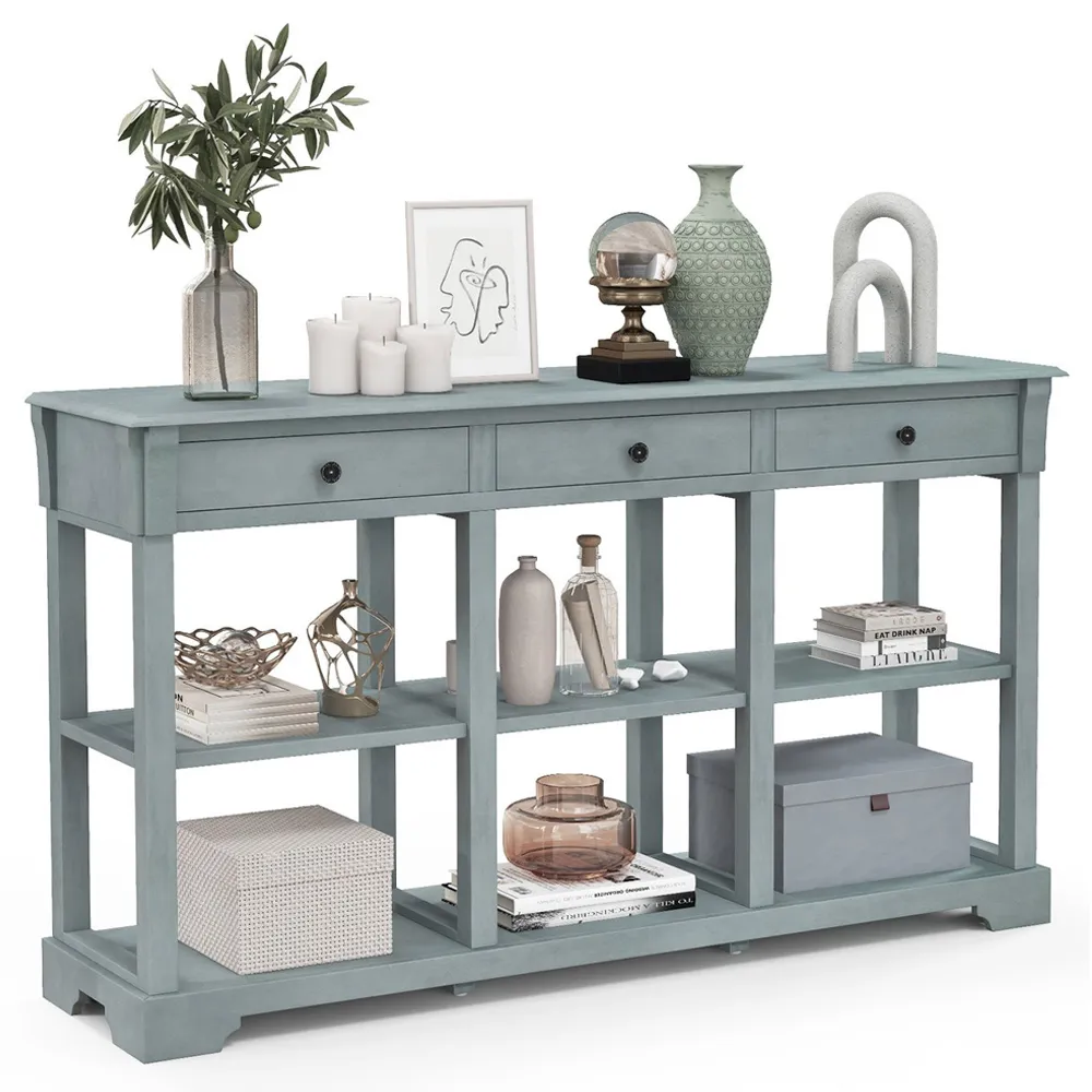 3 Drawer Console Table with Open Shelf - Blue