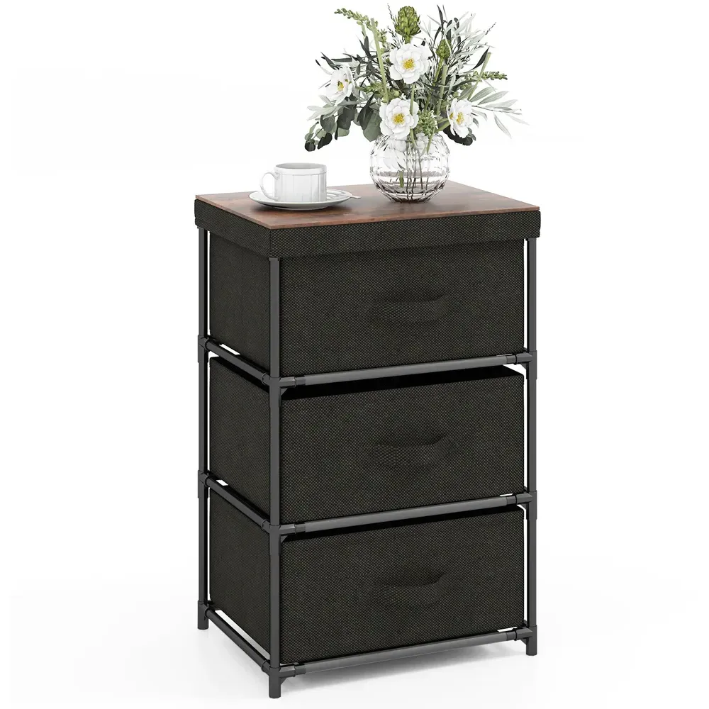 3 Drawer Fabric Nightstand with Removable Lid - Black