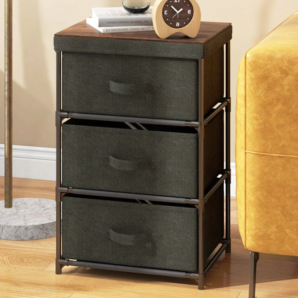 3 Drawer Fabric Nightstand with Removable Lid - Black