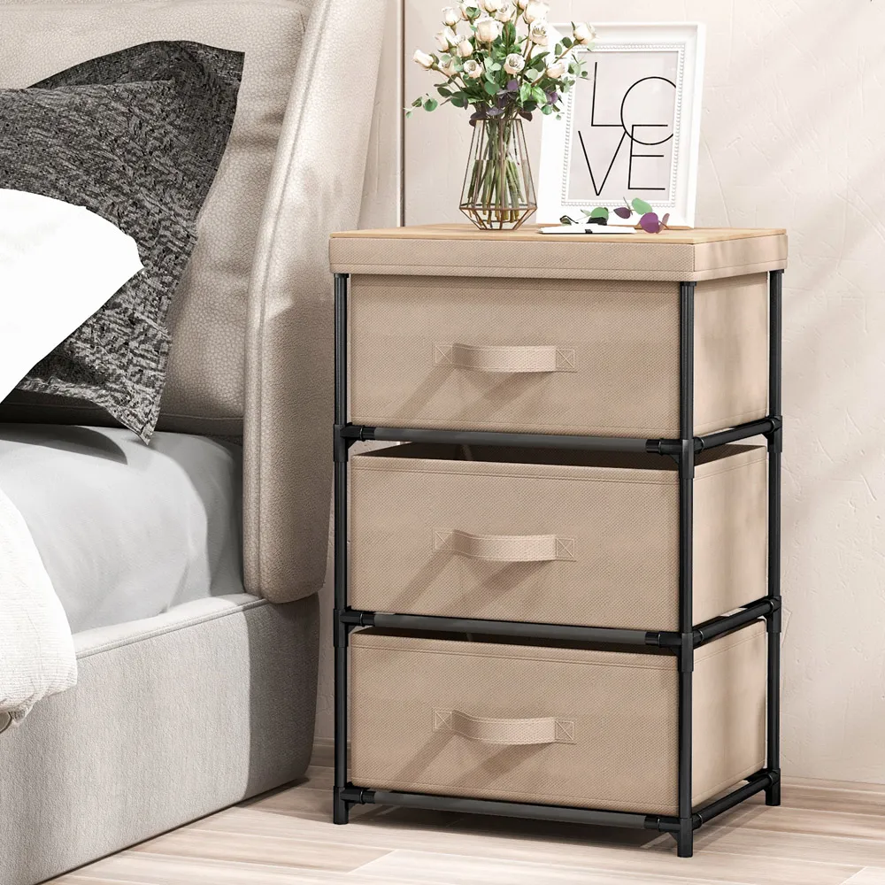 3 Drawer Fabric Nightstand with Removable Lid - Brown