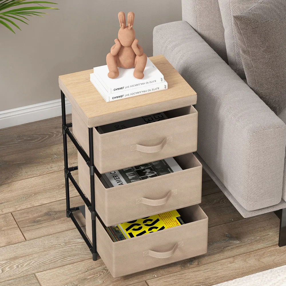 3 Drawer Fabric Nightstand with Removable Lid - Brown