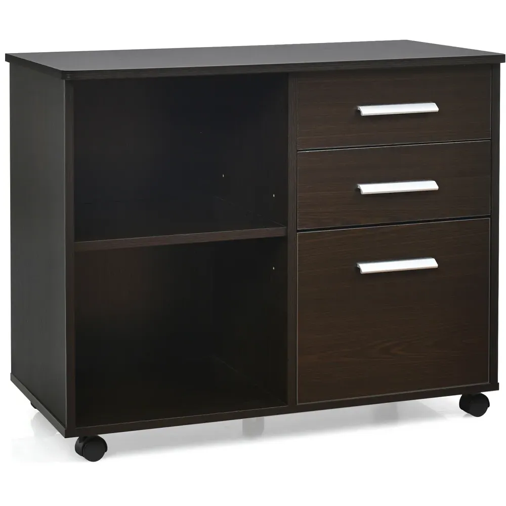 3 Drawer Filing Cabinet with Shelves - Coffee, MDF