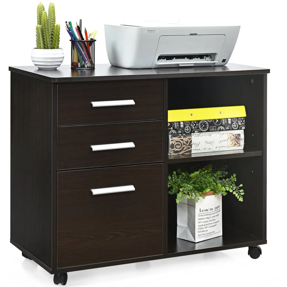 3 Drawer Filing Cabinet with Shelves - Coffee, MDF