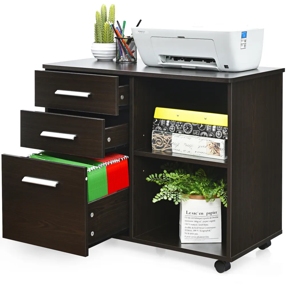 3 Drawer Filing Cabinet with Shelves - Coffee, MDF