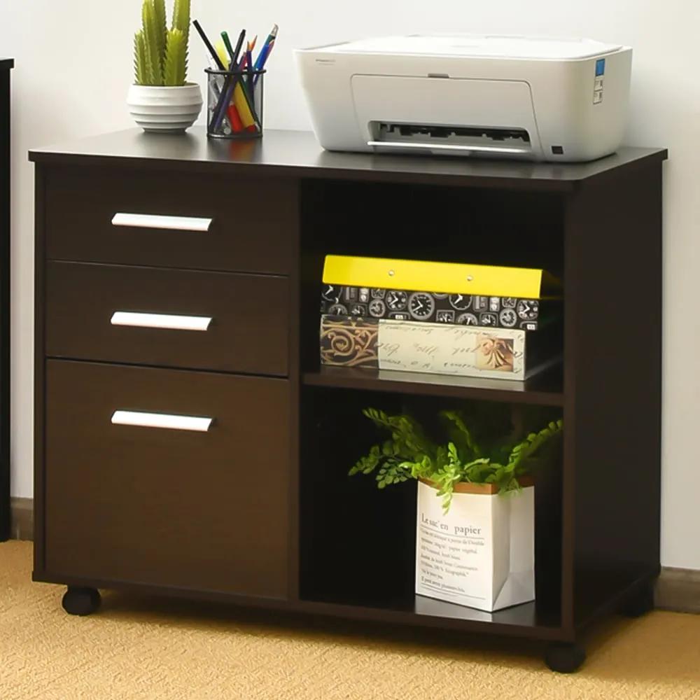 3 Drawer Filing Cabinet with Shelves - Coffee, MDF