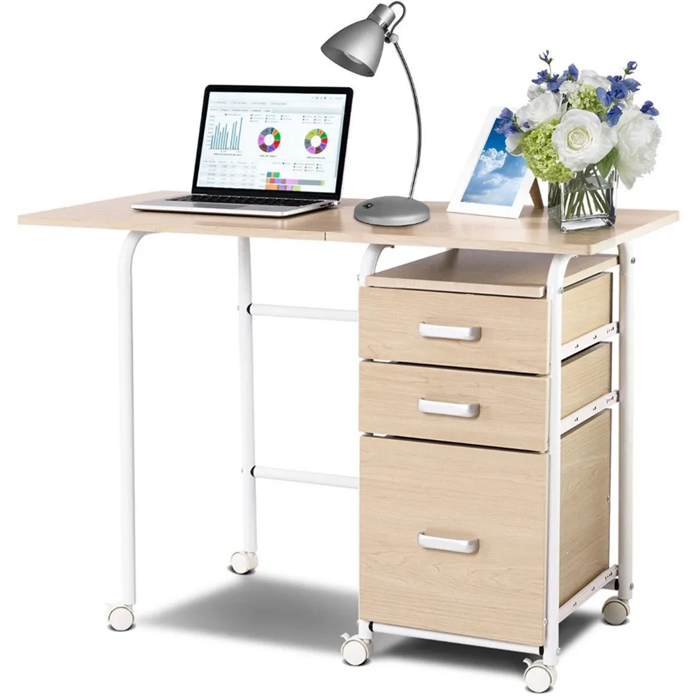3 Drawer Folding Computer Desk with Rolling Wheels - Cream
