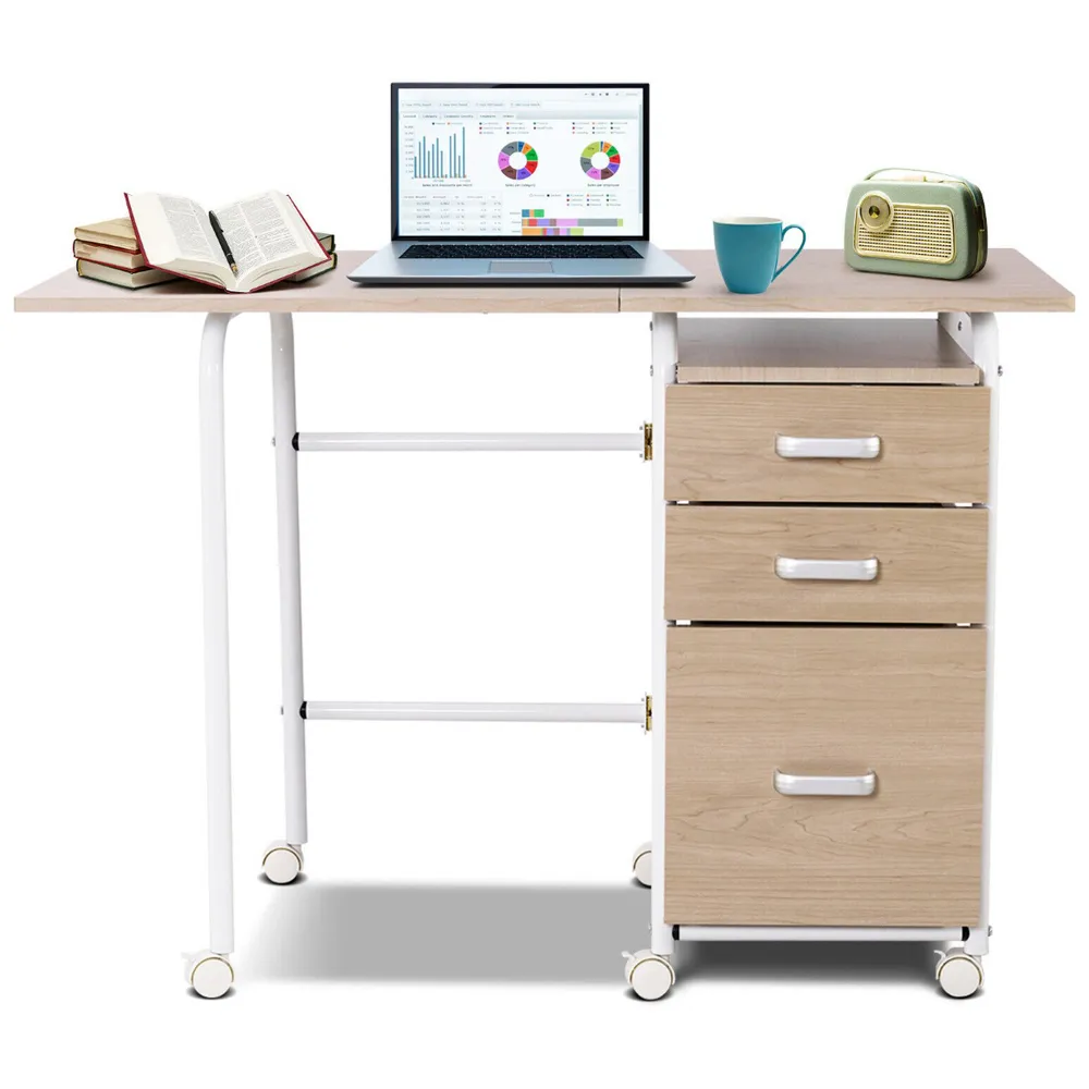 3 Drawer Folding Computer Desk with Rolling Wheels - Cream