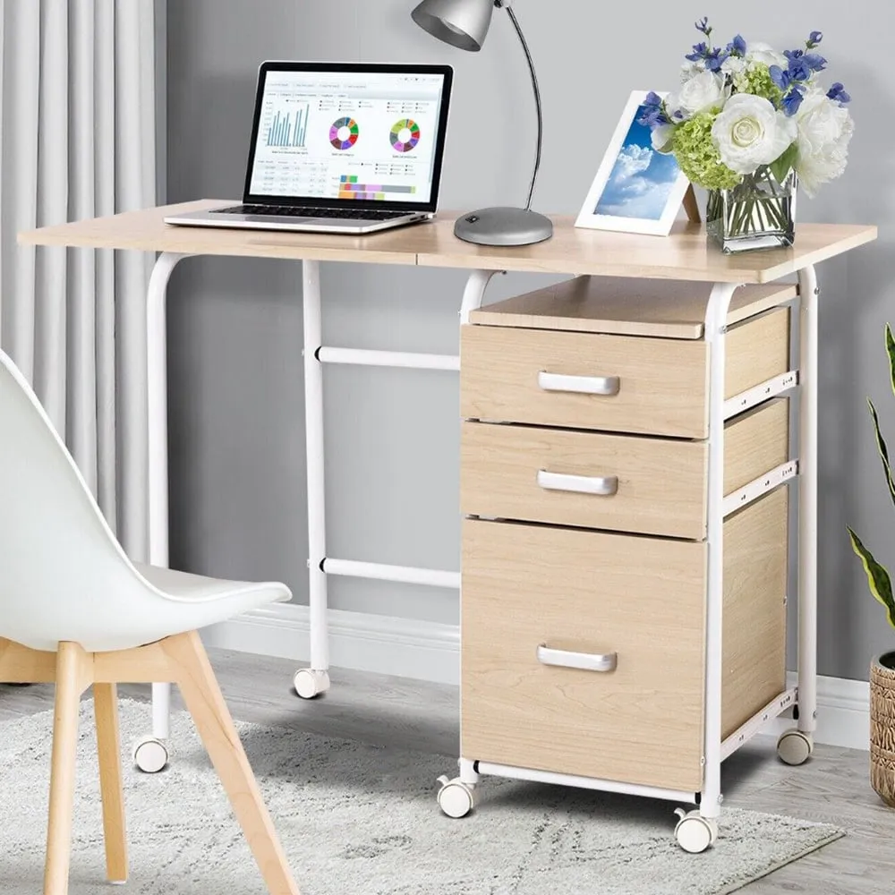 3 Drawer Folding Computer Desk with Rolling Wheels - Cream