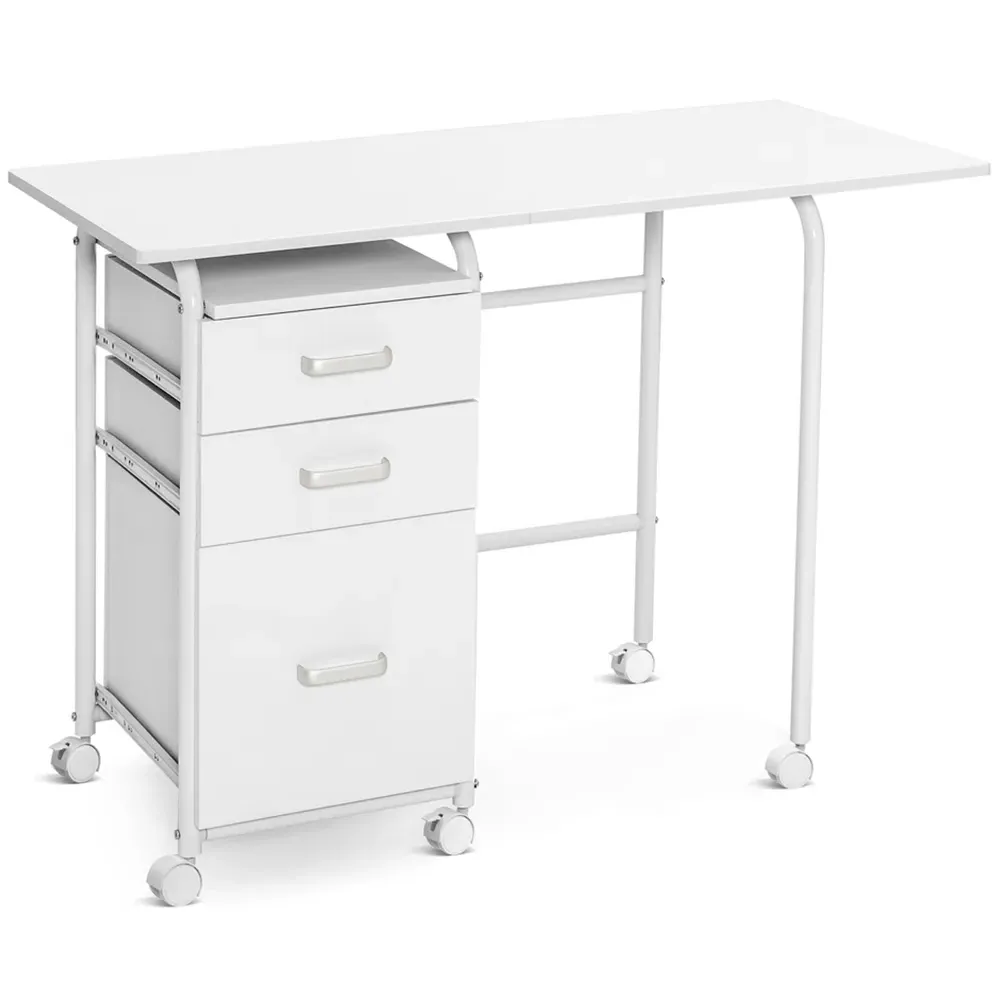 3 Drawer Folding Computer Desk with Wheels - White