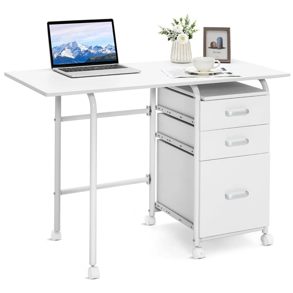 3 Drawer Folding Computer Desk with Wheels - White