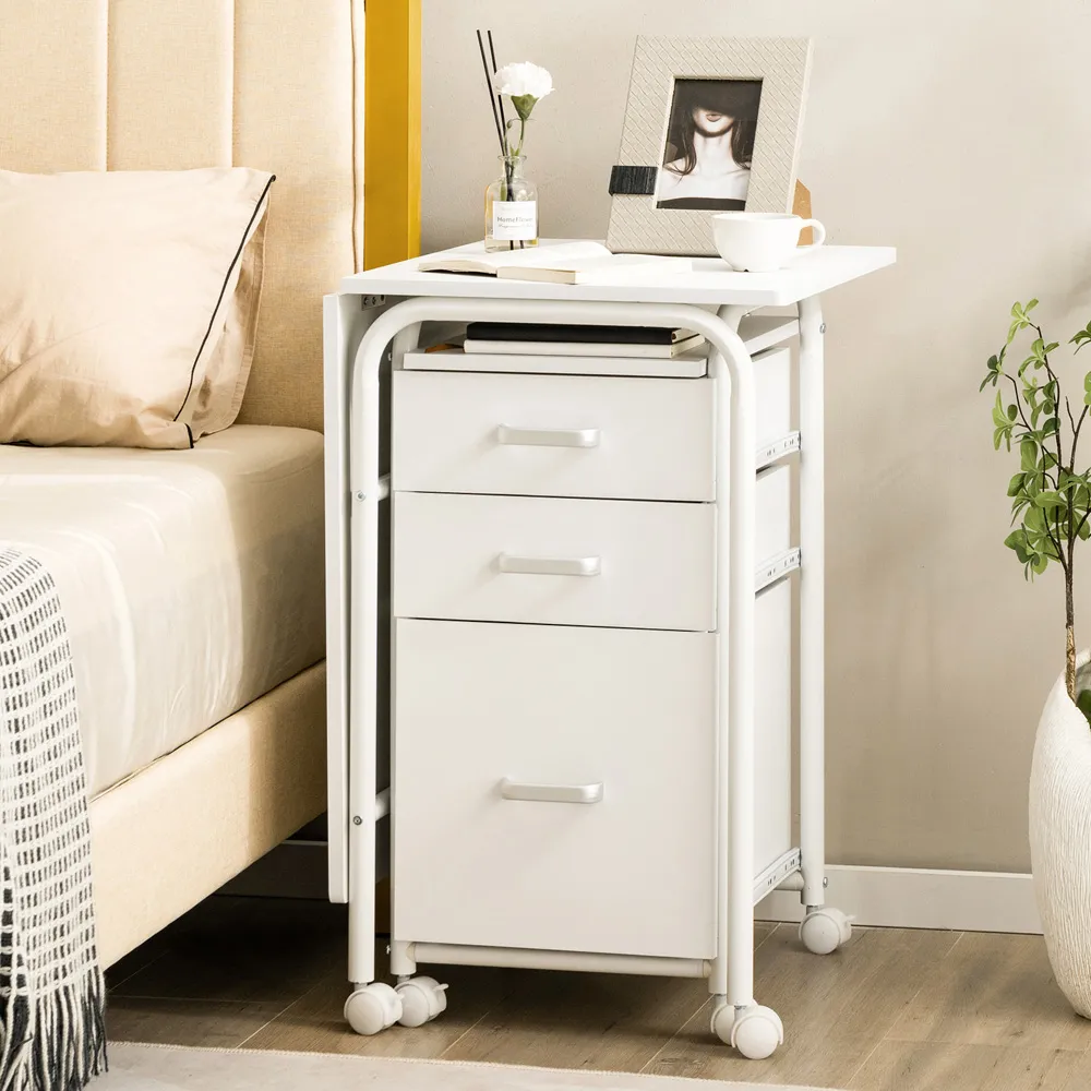 3 Drawer Folding Computer Desk with Wheels - White