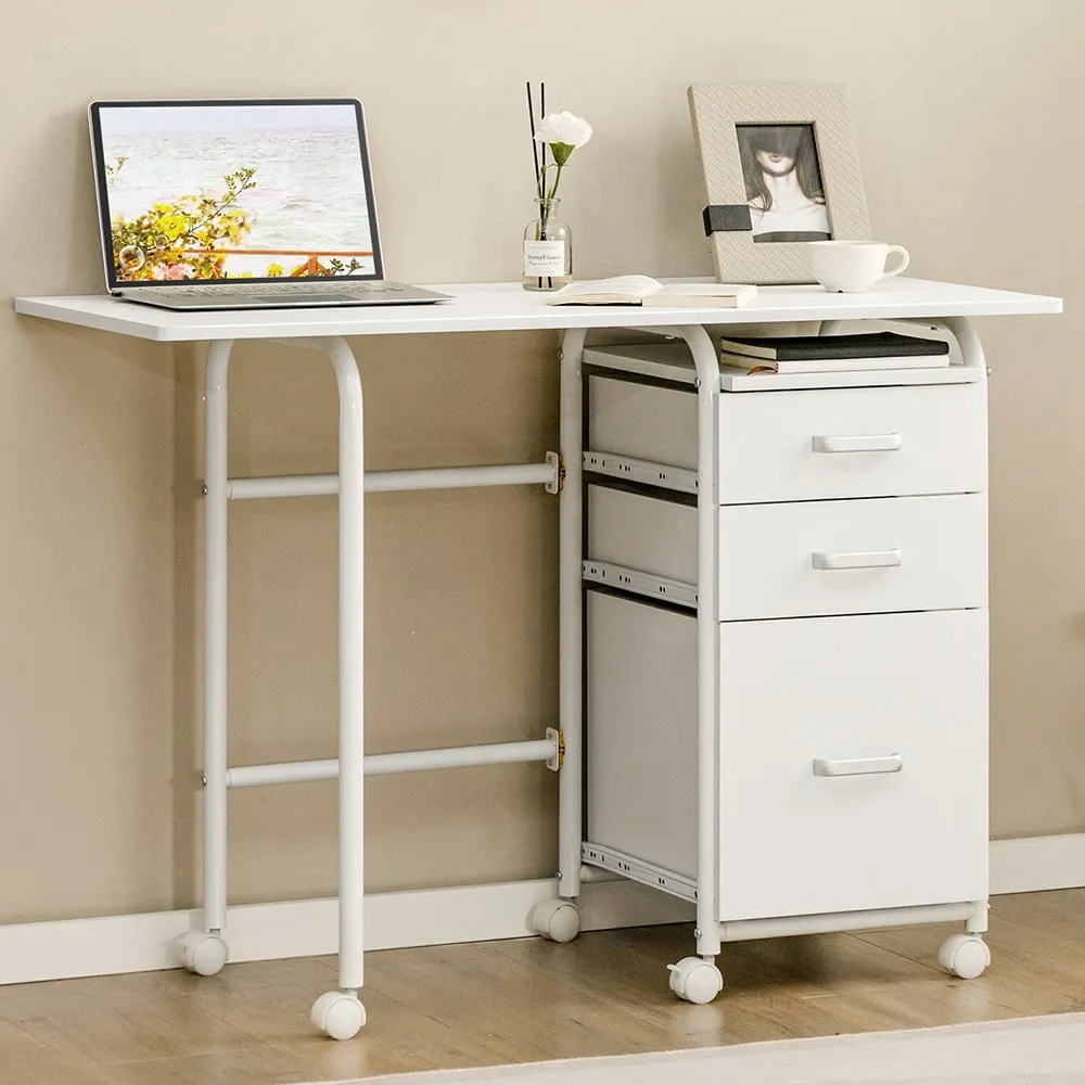 3 Drawer Folding Computer Desk with Wheels - White