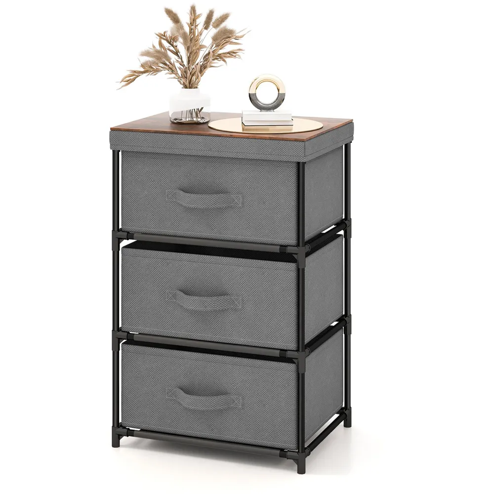 3 Drawer Nightstand with Removable Lid - Grey, Fabric