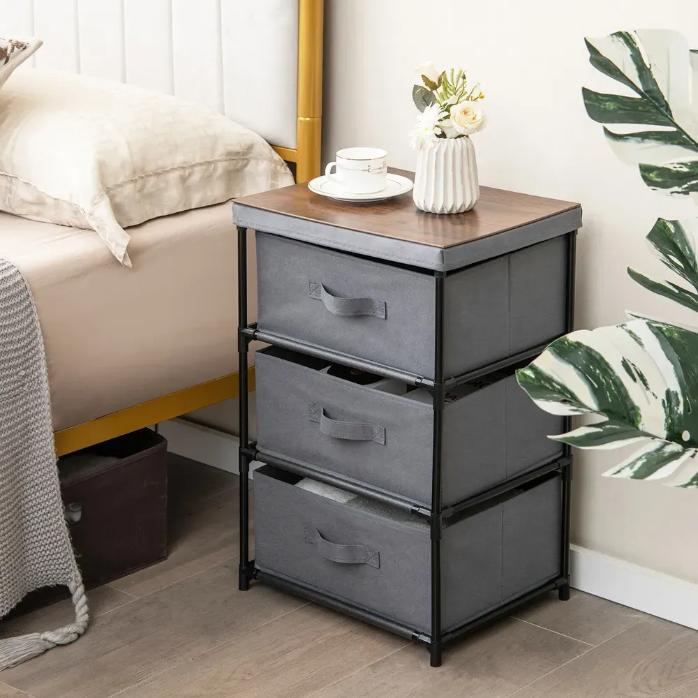 3 Drawer Nightstand with Removable Lid - Grey, Fabric