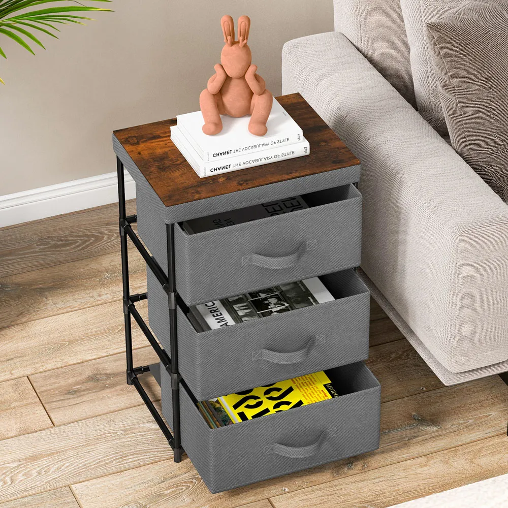 3 Drawer Nightstand with Removable Lid - Grey, Fabric