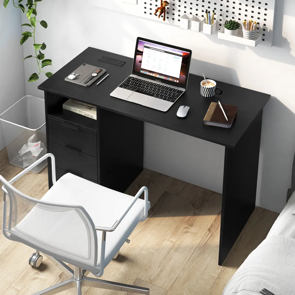 3 Drawer Office Desk with Power Outlet - Black