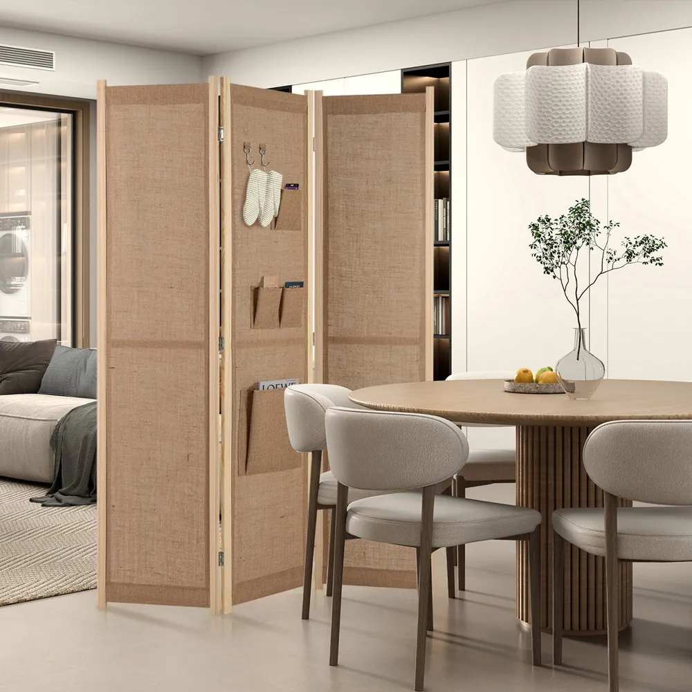 3 Panel Room Divider with Storage Bags - Natural