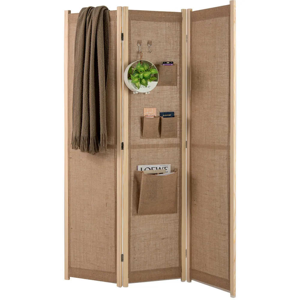 3 Panel Room Divider with Storage Bags - Natural image