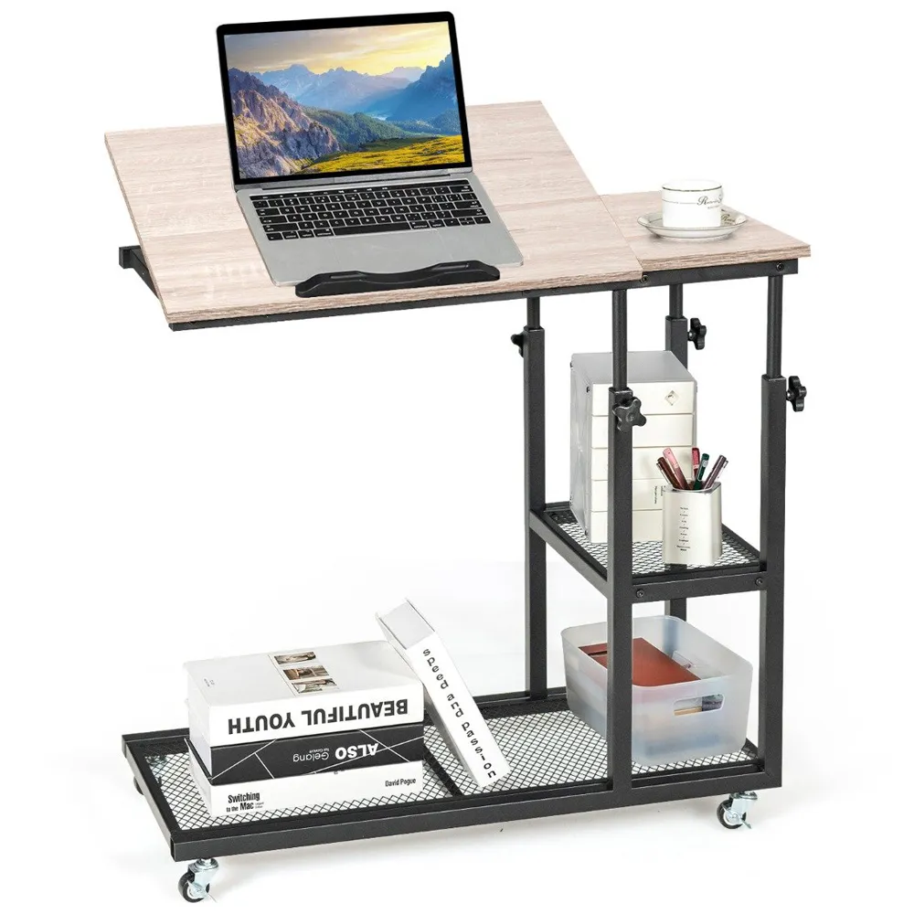 3 Shelf Adjustable Mobile C Shaped Side Table - Cream