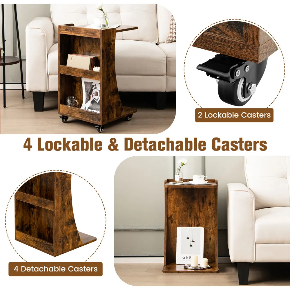 3 Shelf C Shaped Side Table with Casters - Cream