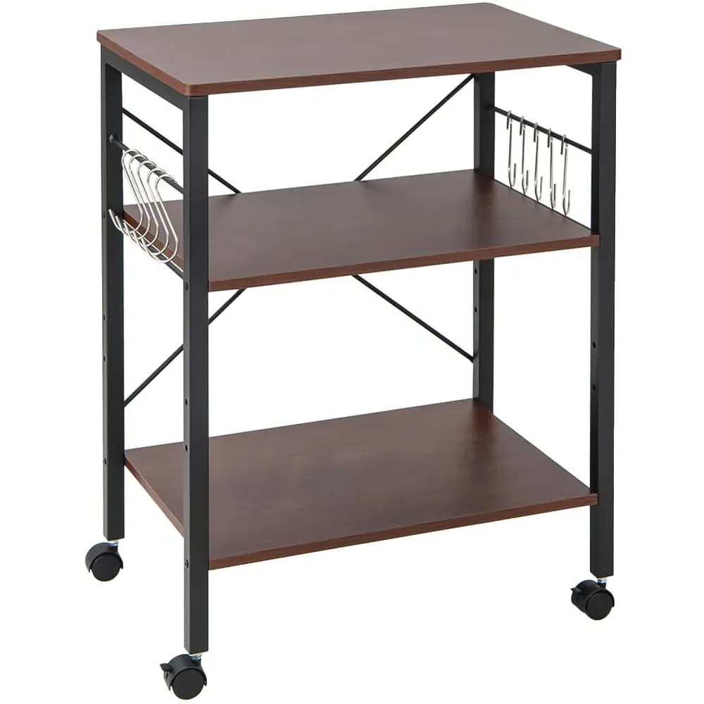 3 Shelf Coffee Storage Trolley with Removable Hooks - Brown