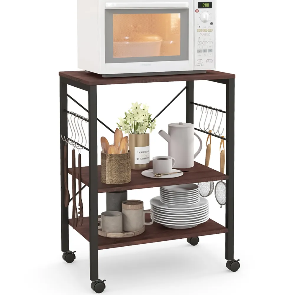 3 Shelf Coffee Storage Trolley with Removable Hooks - Brown