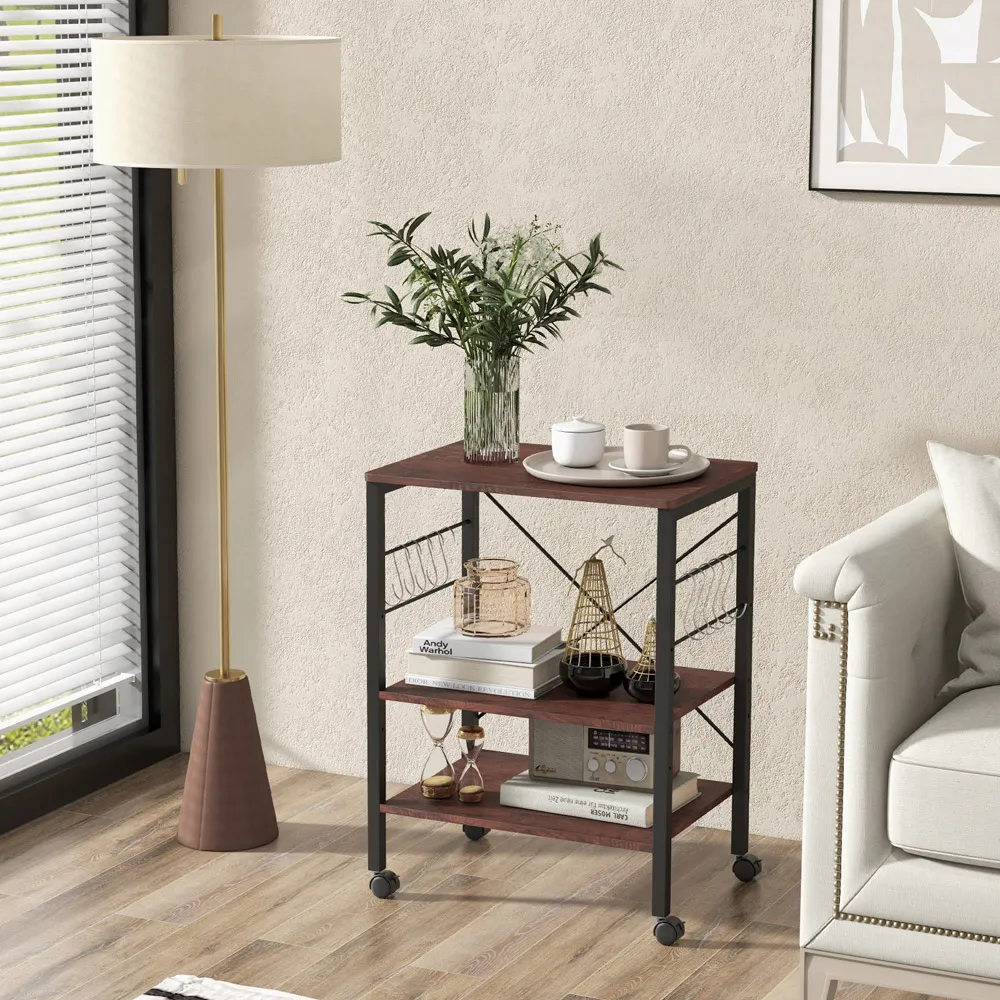 3 Shelf Coffee Storage Trolley with Removable Hooks - Brown